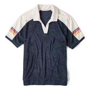 NWT Marine Layer Men's Terry Out Varsity Polo Shirt Mood Indigo Antique White XL